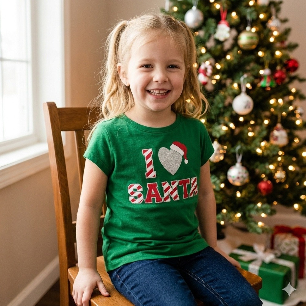 I‎ Love Santa Christmas Tshirt Girls Sz XS 4/5 Green Red Glitter Festive Holiday